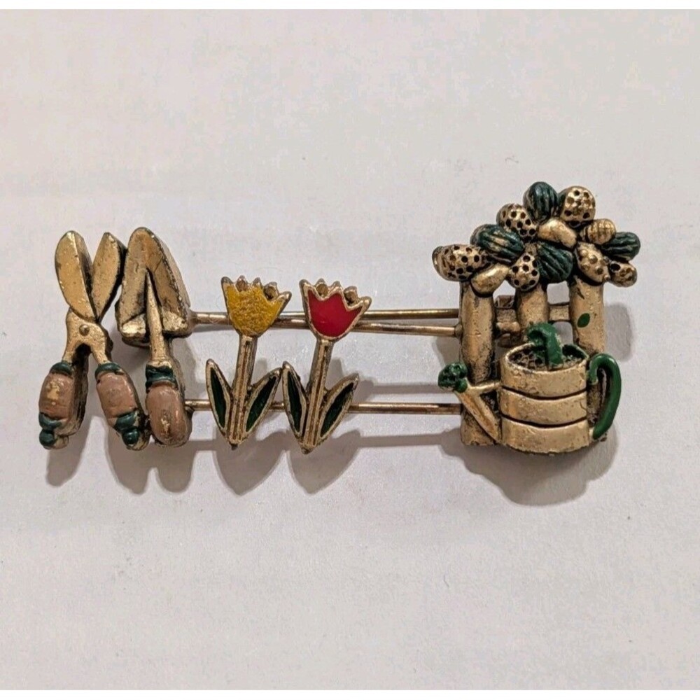 Vintage Signed AJMC Gardening Theme Bar Brooch Pin Enamel Flowers Tools 2"